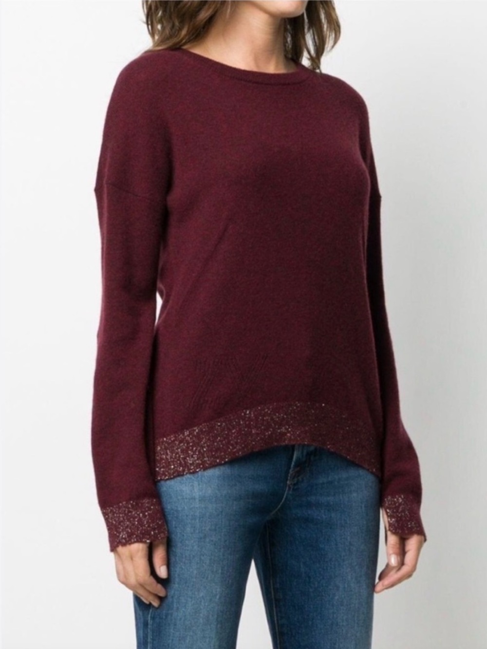 Zadig & Voltaire XS 100% cashmere Cici star patch lurex knit sweater in maroon